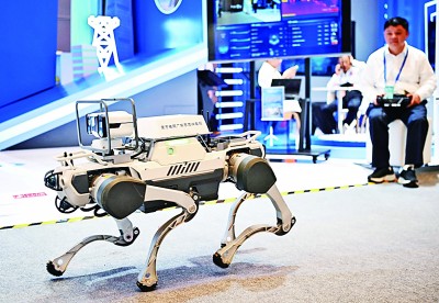  網(wǎng)絡(luò)安全博覽會(huì)上的企業(yè)展示電網(wǎng)巡線機(jī)器狗。新華社記者 鄧華攝